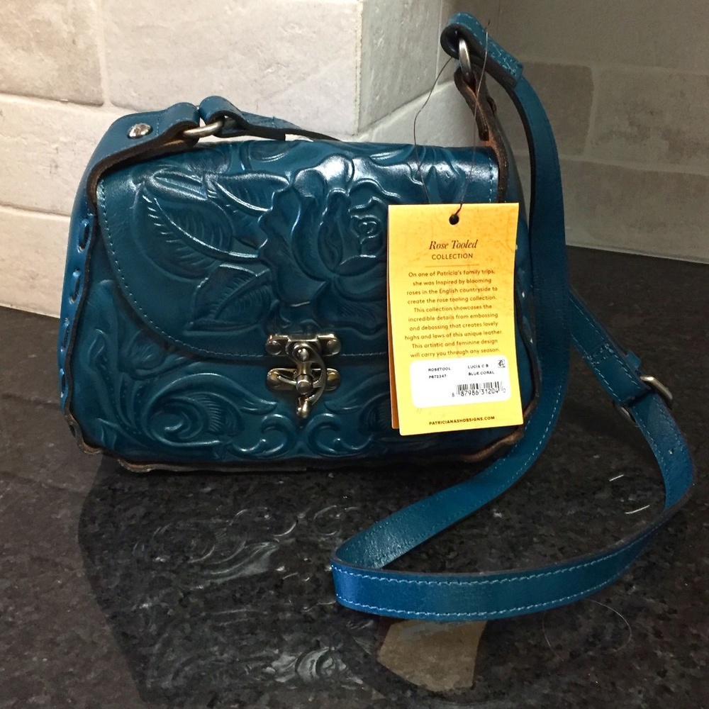 New NWT Patricia Nash Lucia blue coral Rose Tooled Crossbody purse NEW NWT